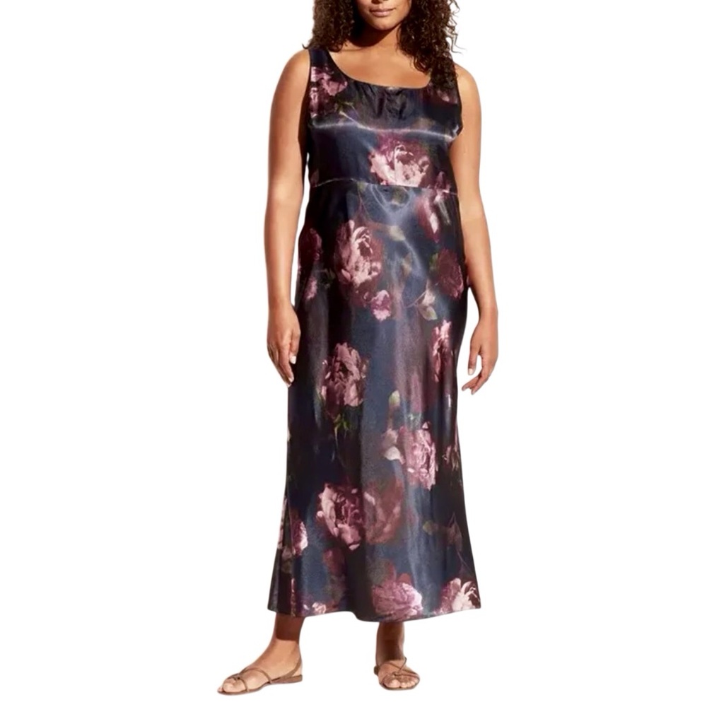 Vince Night Garden Square Neck Slip Dress Satin Floral Sleeveless Size 18